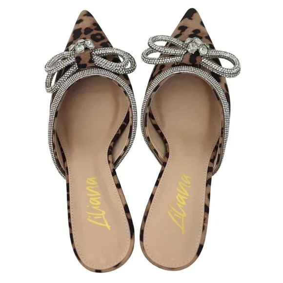 LILIANA / Romantic-1 Leopard Print / Pointed Toe Mules With Rhinestone Bow Embel - Picture 6 of 9